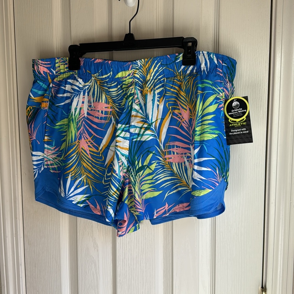 NWT ATHLETIC WORKS BLUE GREEN WHITE PRINT RUNNING SHORTS